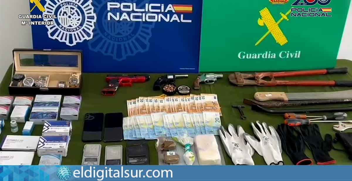 Gran variedad de joyas y relojes, dos armas de fuego, un arma de airsoft, drogas y dispositivos electrónicos incautados durante la operación policial en Tenerife