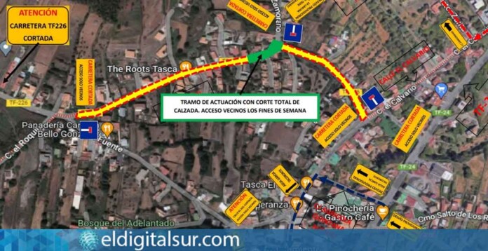 Mapa satelital de la TF-226 en La Esperanza, Tenerife: Áreas afectadas por las obras