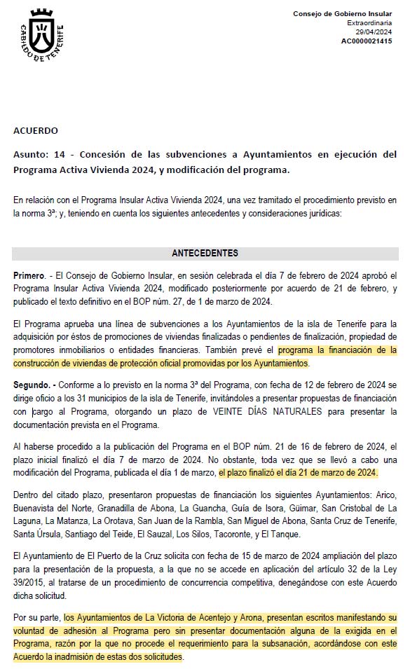 Documentos que acreditan que Arona queda excluida del programa de vivienda del Cabildo de Tenerife