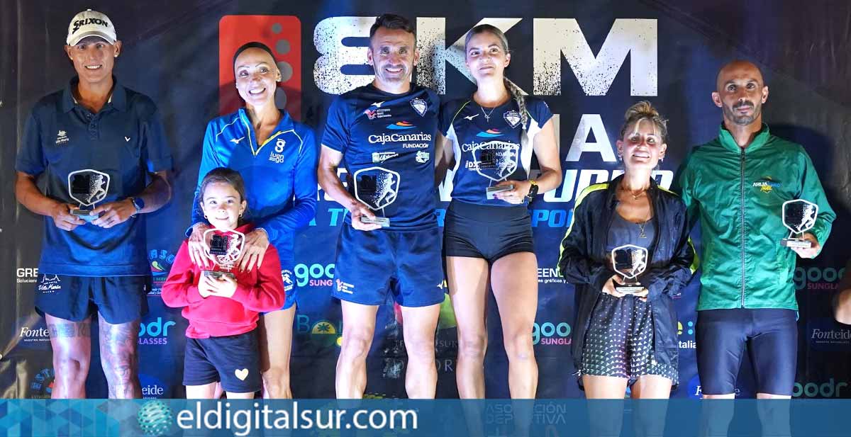 Los vencedores de la Carrera Nocturna K8 Arona: Miguel Ángel Vaquero (1º), Dionisio Guillén (2º) y Sadday Marrero (3º) en la categoría masculina; Irene Lorenzo (1ª), Sonia Prieto (2ª) y Brenda Morín (3ª) en la categoría femenina.