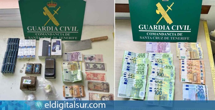 Objetos incautados durante la operación: 890 gramos de hachís, 202 gramos de cocaína, 86 gramos de MDMA, y varios dispositivos electrónicos, evidencias del tráfico de drogas en Arico