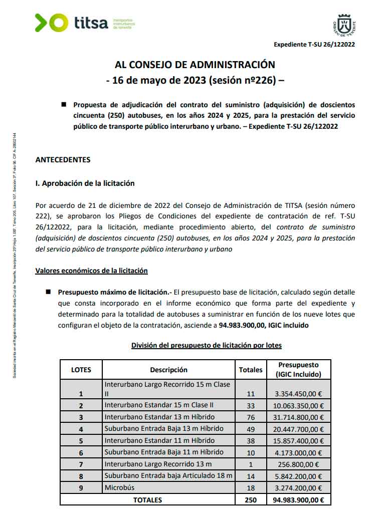 Extracto del documento sobre el Acuerdo de Adjudicación de guaguas en Tenerife