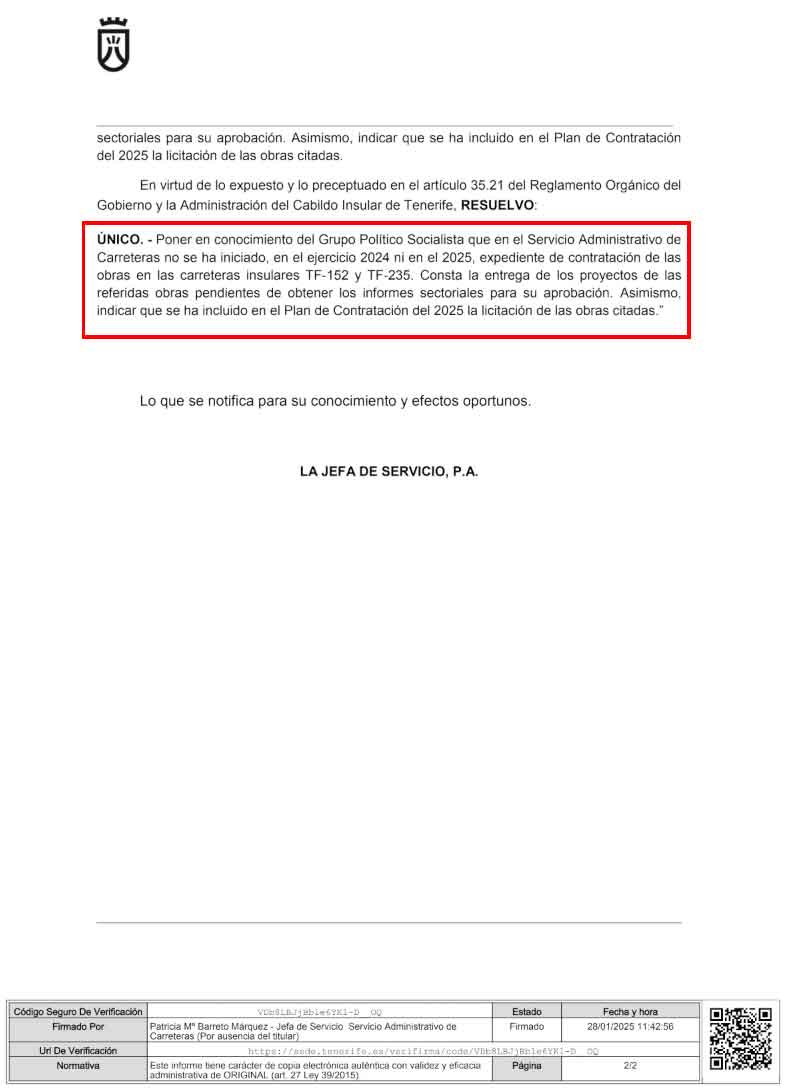 Respuesta del Área de Carreteras sobre las obras en las vías insulares TF-152 y TF-235