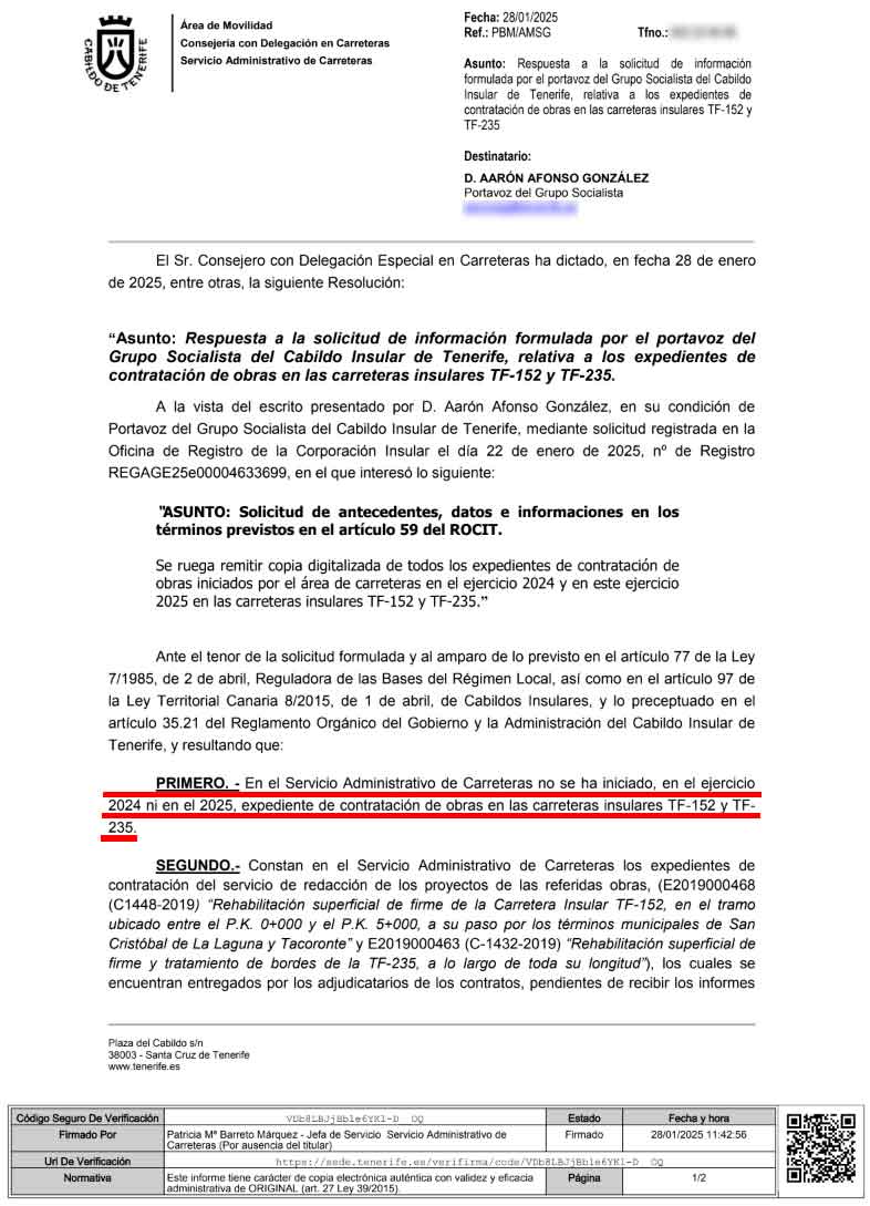 Respuesta del Área de Carreteras sobre las obras en las vías insulares TF-152 y TF-235