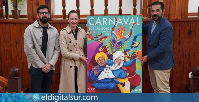 Nareme Melián, Fátima Lemes y Alexis Gómez durante la presentación del cartel oficial del Carnaval Internacional de Los Cristianos 2025