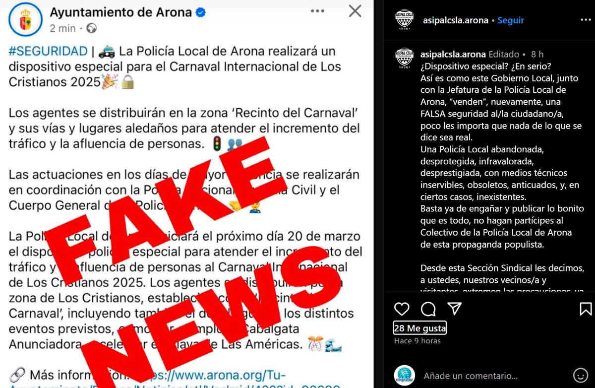 El Ayuntamiento de Arona anunció un 'dispositivo especial de seguridad' para el Carnaval de Los Cristianos, pero los agentes lo califican de 'fake news' y advierten que no pueden garantizar la seguridad