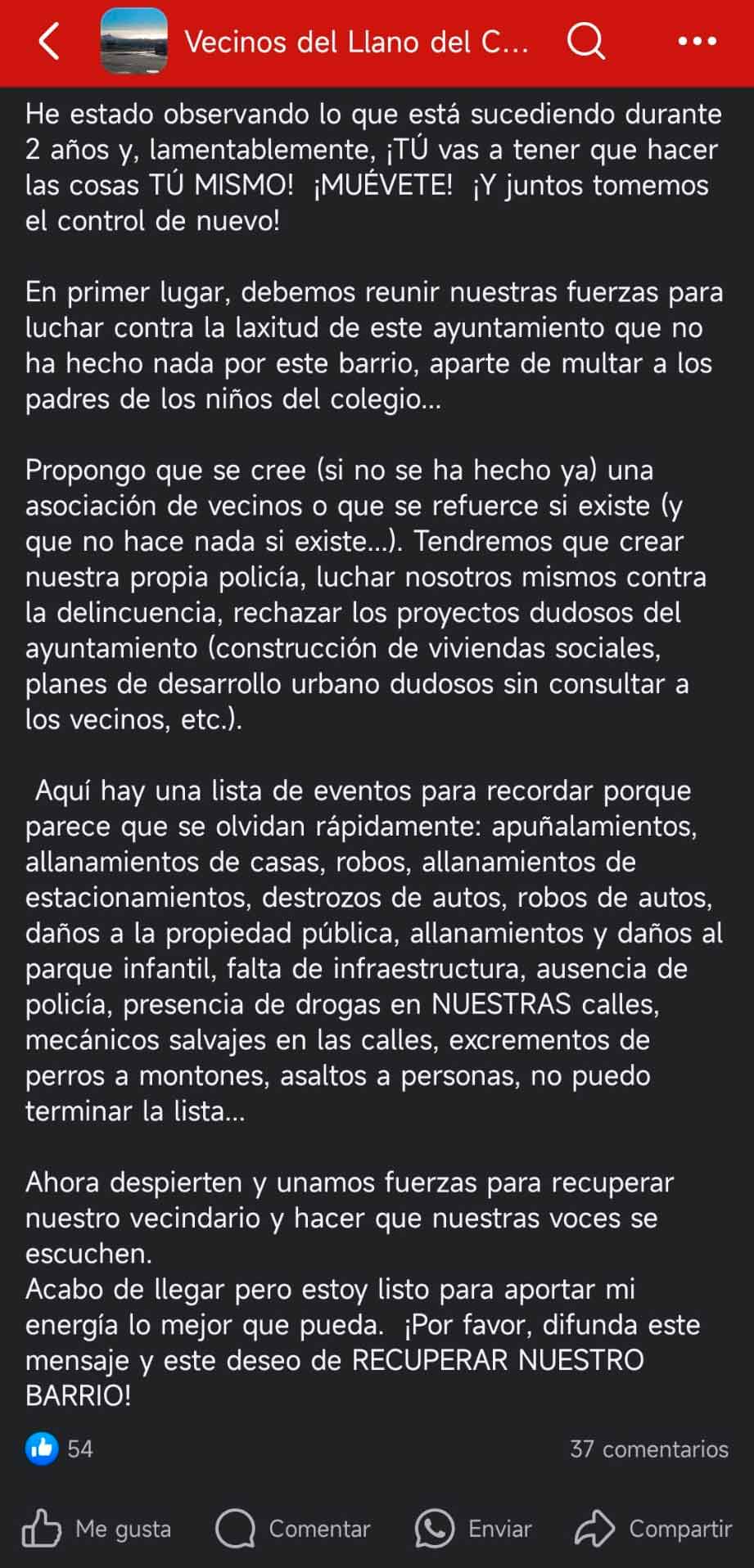 Vecinos de Llano del Camello expresan su indignación en redes sociales