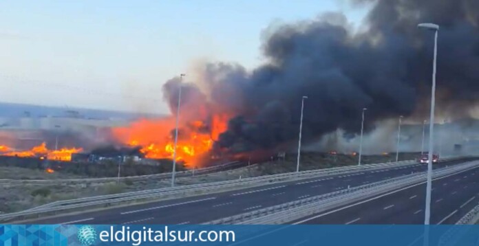 Vista del incendio en la nave del Polígono del Valle de Güímar, con una densa columna de humo que se extiende sobre la TF-1