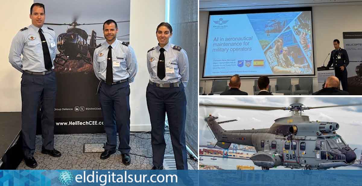 El comandante Marroquín, el comandante Caturla y la teniente Shaw durante su participación en el congreso internacional de tecnología de helicópteros celebrado en Praga.