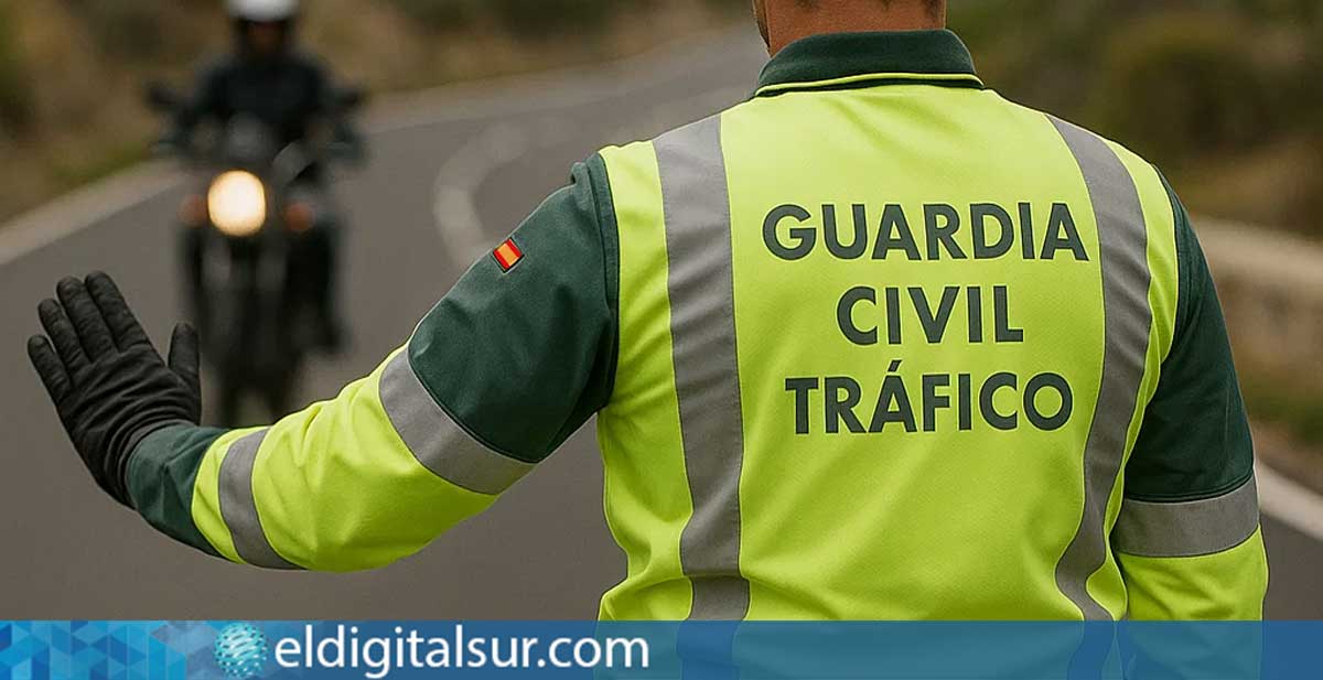 Un agente de la Guardia Civil de Tráfico detiene a un motorista durante un control de inspección en carretera