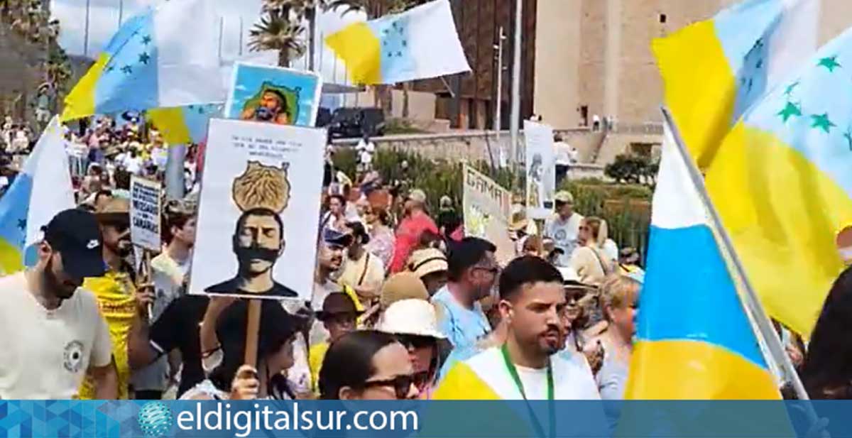 Manifestantes recorren las calles durante la protesta en Canarias del 18-M