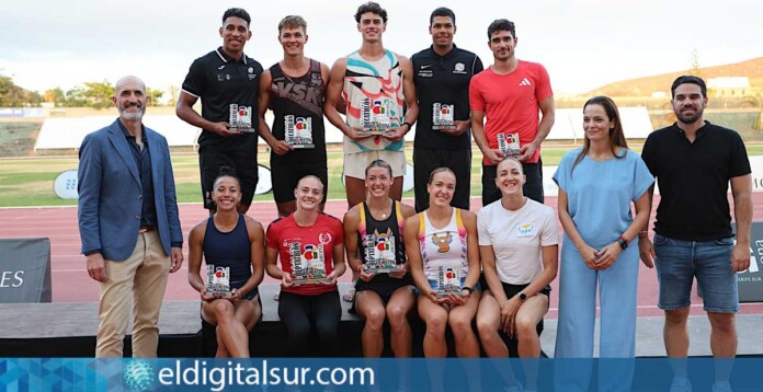 Podio femenino y masculino del Meeting Arona – Tenerife, en su decimocuarta edición, celebrado este fin de semana en el Estadio Antonio Domínguez