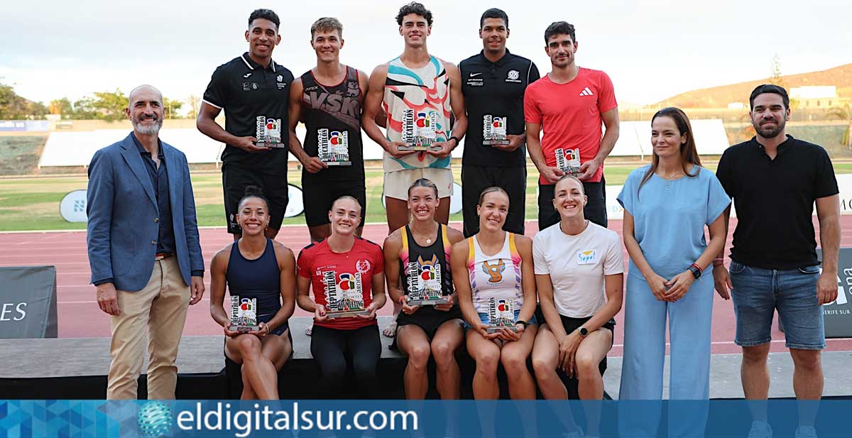 Podio femenino y masculino del Meeting Arona – Tenerife, en su decimocuarta edición, celebrado este fin de semana en el Estadio Antonio Domínguez