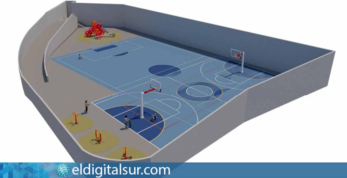 Maqueta del proyecto integral del polideportivo de El Río, que incluye pistas deportivas, circuito de calistenia y obras de accesibilidad