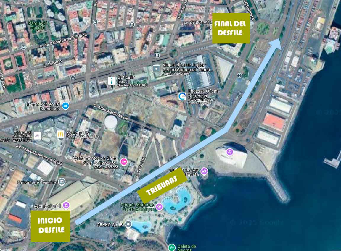 Recorrido del desfile terrestre y aéreo del Día de las Fuerzas Armadas 2025 en Santa Cruz de Tenerife, previsto para el sábado 7 de junio con la presencia de los Reyes