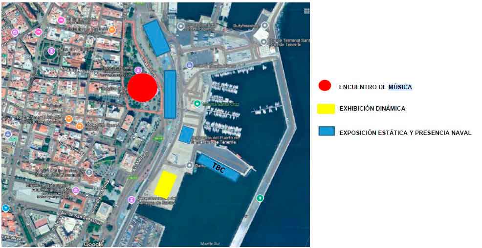 Áreas del puerto de Santa Cruz habilitadas para la exposición de material y presencia naval desde el 3 de junio