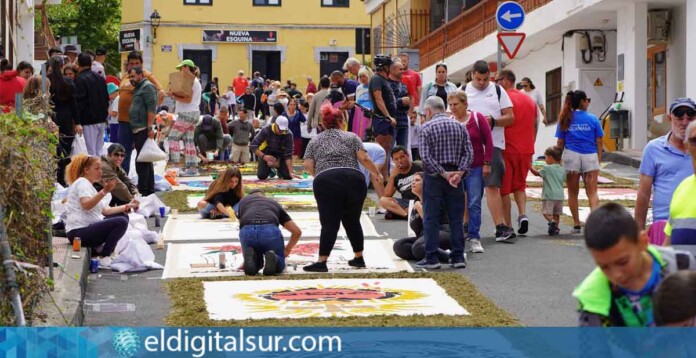 Vecinos de Tacoronte participan en la elaboración de las alfombras en celebración del Corpus Christi