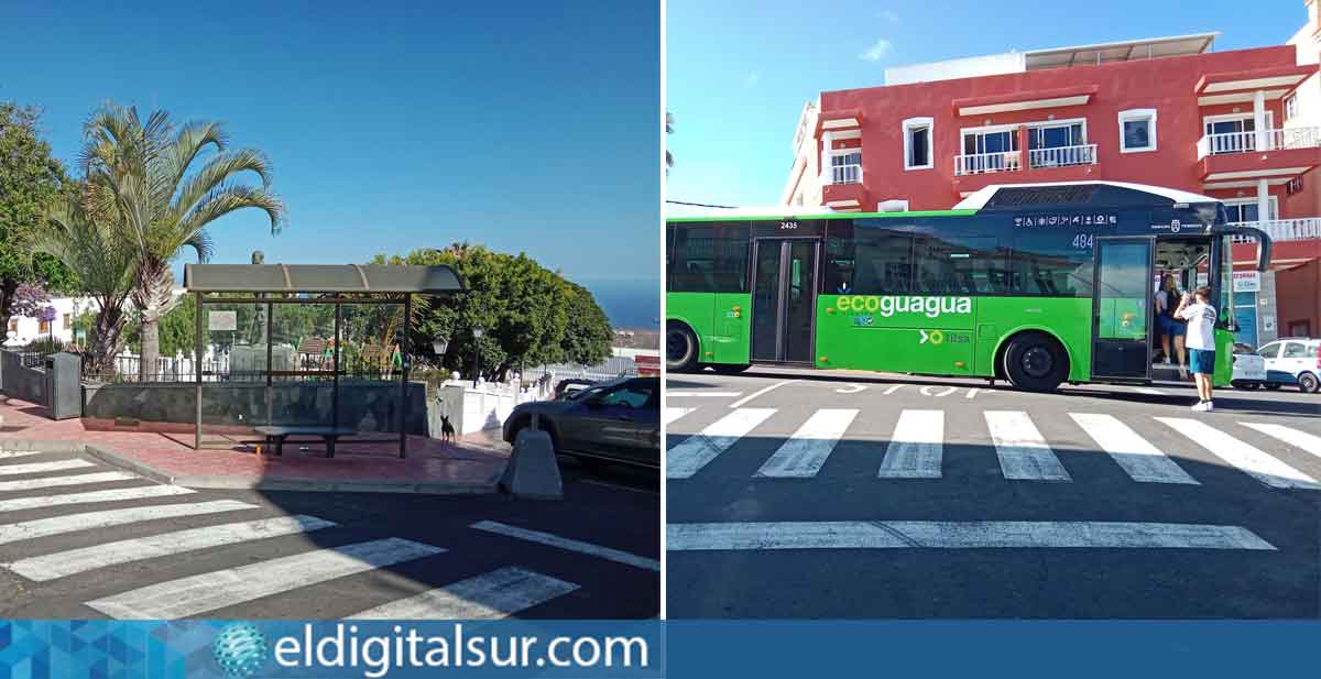 Parada de guagua frente a la estatua del agricultor en San Miguel de Abona, cuya reubicación propone el PSOE por motivos de seguridad y visibilidad