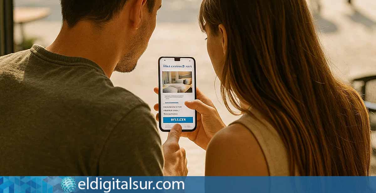 Una pareja consulta alojamientos turísticos por internet desde su teléfono móvil