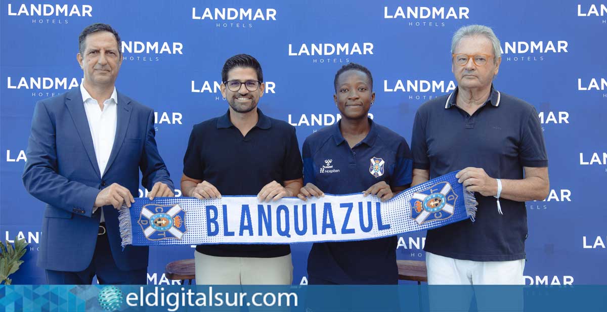 Representantes del Club Deportivo Tenerife Femenino y Landmar Hotels durante la firma del acuerdo de patrocinio en las instalaciones de Landmar Playa La Arena, en Santiago del Teide