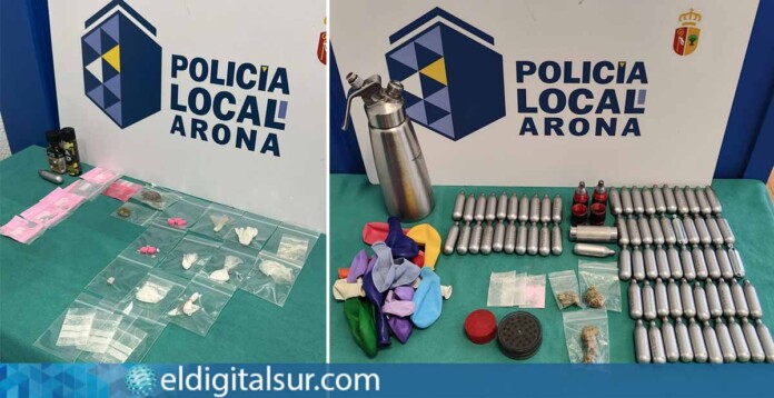 Botellas de óxido nitroso, globos y sustancias ilegales incautadas durante la intervención policial en los locales de ocio de Las Verónicas, Arona.