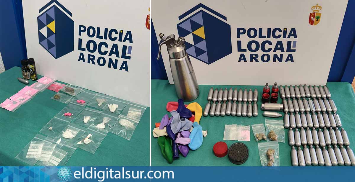 Botellas de óxido nitroso, globos y sustancias ilegales incautadas durante la intervención policial en los locales de ocio de Las Verónicas, Arona.