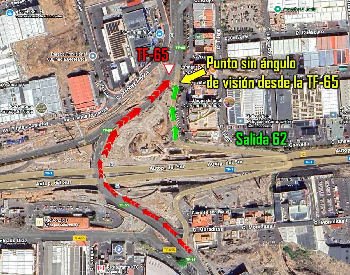 Ubicación del ‘ceda el paso’ que impide la visibilidad desde la TF-65 hacia la salida 62