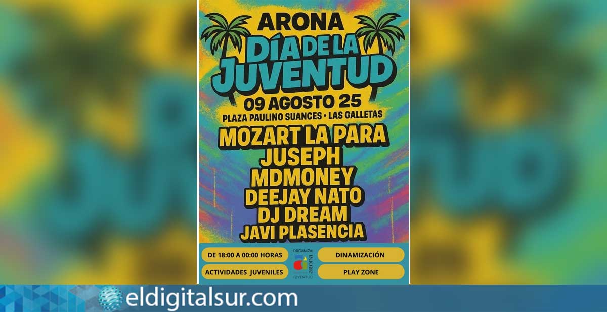 Cartel oficial de la jornada de ocio y música en Las Galletas con motivo del Día Internacional de la Juventud en Arona
