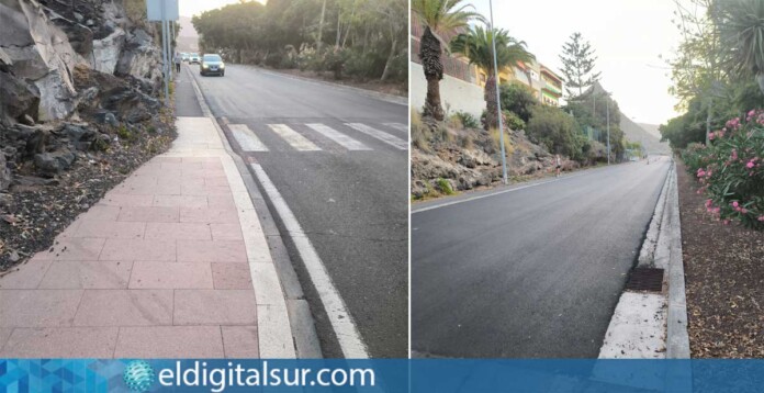 La capa de asfalto iguala el nivel del bordillo, eliminando la separación entre la acera y la vía en la travesía entre La Camella y Valle San Lorenzo