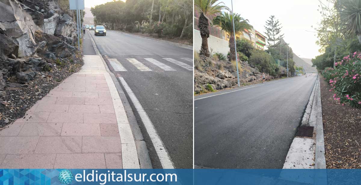 La capa de asfalto iguala el nivel del bordillo, eliminando la separación entre la acera y la vía en la travesía entre La Camella y Valle San Lorenzo