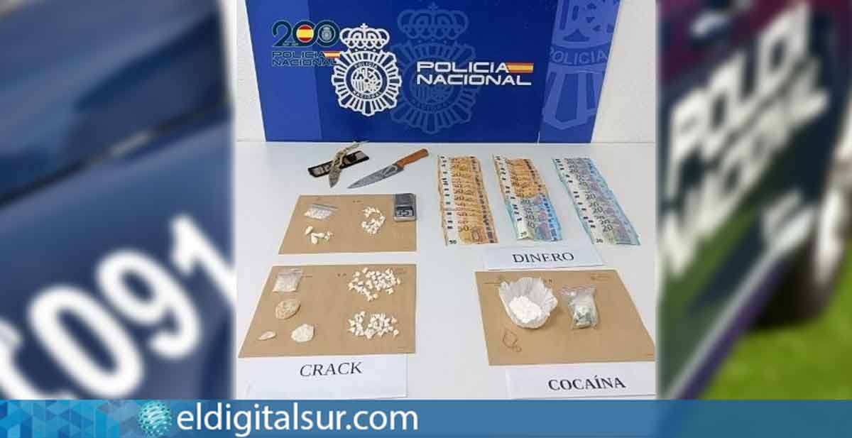 Efectos incautados por la Policía Nacional en el operativo en Cuestapiedra: 68 gramos de crack, 82 gramos de cocaína y 2.075 euros en efectivo