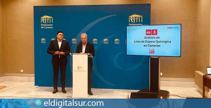 Sebastián Franquis y Miguel Ángel Pérez del Pino, portavoces del Grupo Parlamentario Socialista, durante la presentación de su denuncia sobre las listas de espera del Servicio Canario de la Salud