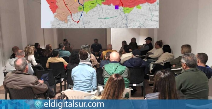Reunión de vecinos de El Paraíso y Corazoncillo y, sobreimpresoinado, mapa de ordenación vigente desde 2023