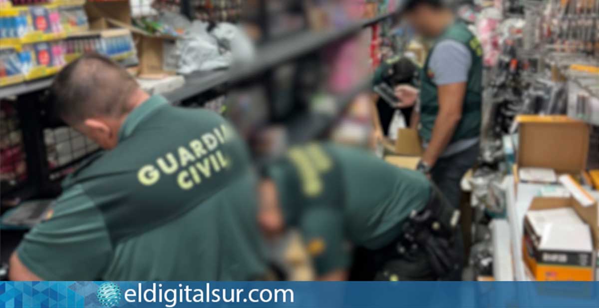 Agentes de la Guardia Civil durante la intervención de más de 44.000 juguetes falsificados en un bazar de Arona, Tenerife
