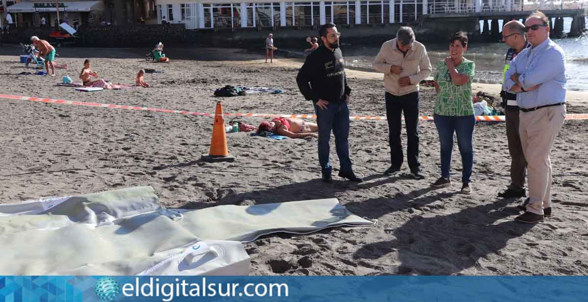 Momentos del simulacro de varamiento de cetáceos desarrollado en la playa de El Médano