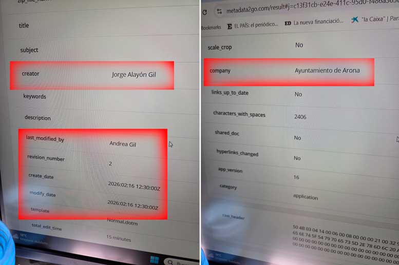 Capturas de los metadatos de los correos electrónicos en las que figura como origen el “Ayuntamiento de Arona” y se identifican los usuarios de los equipos desde los que se realizaron los envíos en horario laboral