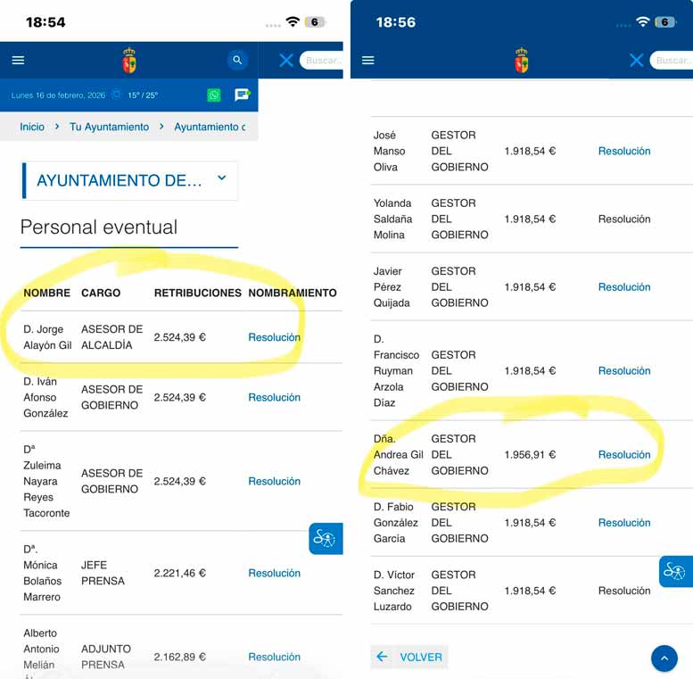 Captura de pantalla del portal de transparencia del Ayuntamiento de Arona que muestra los sueldos del personal, incluidos Jorge Alayón y Andrea Gil, asesores de Fátima Lemes, vinculados a la campaña anónima contra concejales socialistas