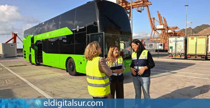 La primera guagua de dos pisos de Tenerife, recién llegada al puerto de Santa Cruz, comenzará a operar en la línea 110 entre la capital y Costa Adeje