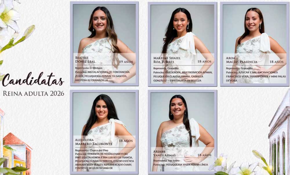Fotografías de las cinco candidatas a Reina Adulta de Granadilla de Abona 2026