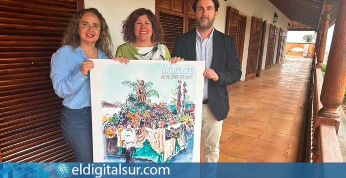 La alcaldesa Sandra Izquierdo, junto a Noemí García y José Caro, durante la presentación del cartel de la 35ª Romería de San Isidro en Tacoronte