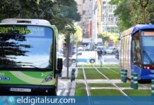 Una guagua de Titsa en circulación por Santa Cruz de Tenerife