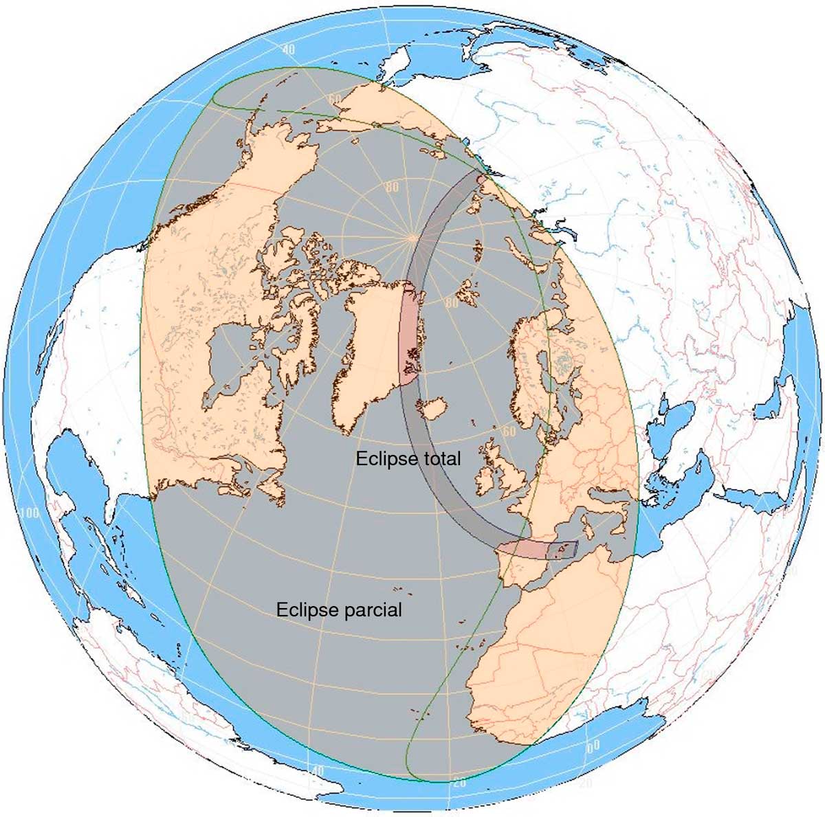 Mapa global de visibilidad del eclipse solar