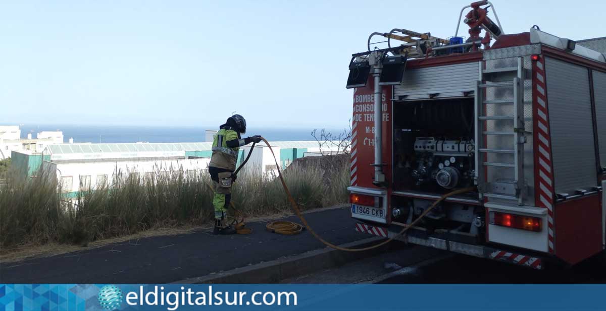 Efectivos de Bomberos de Tenerife sofocando el incendio de rastrojos junto al Colegio Adonay, en Santa Cruz