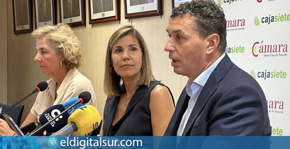 De izquierda a derecha: Lola Pérez, Victoria González y Luis Díaz Dorta, durante la presentación del Boletín de Coyuntura del Comercio del segundo trimestre de 2026
