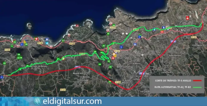 Carretera corte 260826 Mapa del tramo de la TF-5 entre Icod de los Vinos y El Tanque que permanecerá cerrado por las obras de asfaltado y de los desvíos habilitados por la TF-42 y la TF-82