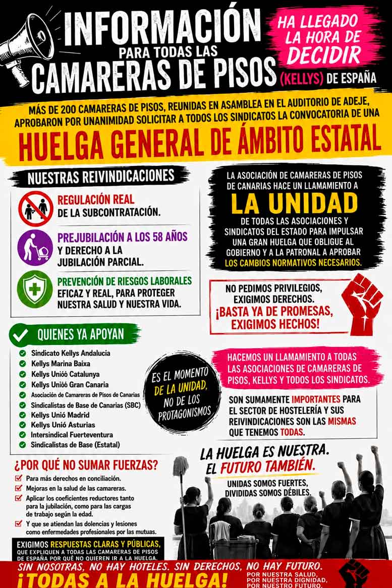 Cartel difundido con motivo de la convocatoria y reivindicaciones de las camareras de pisos del sector hotelero