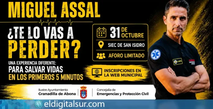 Cartel de la conferencia de Miguel Assal sobre primeros auxilios, emergencias y autoprotección, que se celebrará el 31 de octubre en el SIEC de San Isidro
