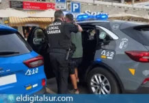 Agente de la Unidad de Prevención Policial introduciendo a uno de los detenidos en un patrulla
