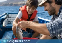 Un adulto y un niño observan una captura de pesca a bordo de una embarcación