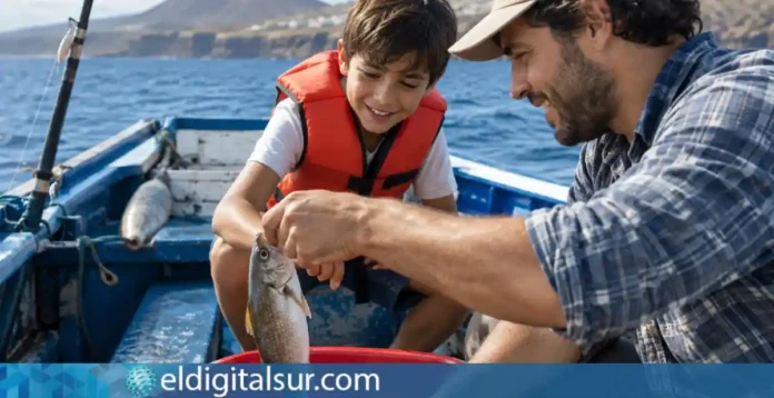 Un adulto y un niño observan una captura de pesca a bordo de una embarcación